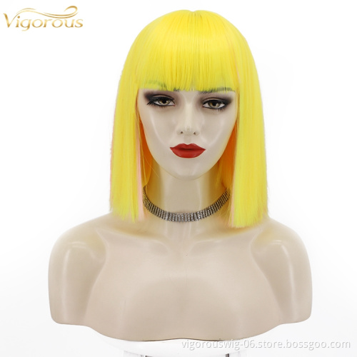 Yellow Highlight Red High Temperature Synthetic Bob Wigs With Flat Neat Bangs Short Straight Wigs for Women Wholesale